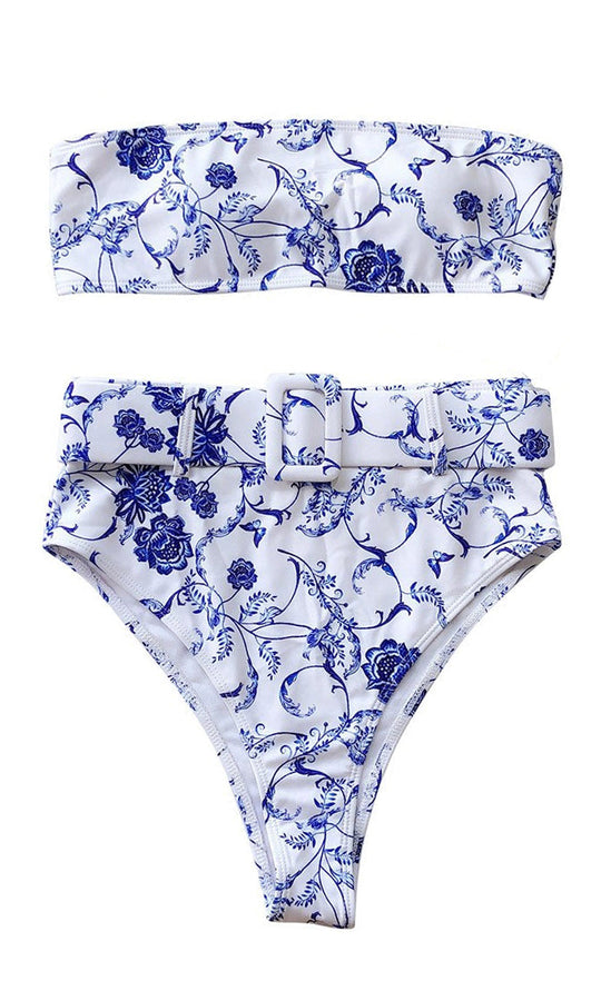 Coconut Water <br><span> White Blue Strapless Bandeau High Waist Brazilian Two Piece Bikini Swimsuit </span>