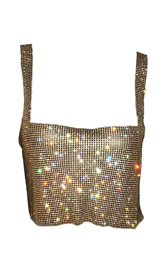 Blame It On Me <br><span>Gold Rhinestone Metal Mesh Sleeveless Square Neck Backless Crop Tank Top</span>