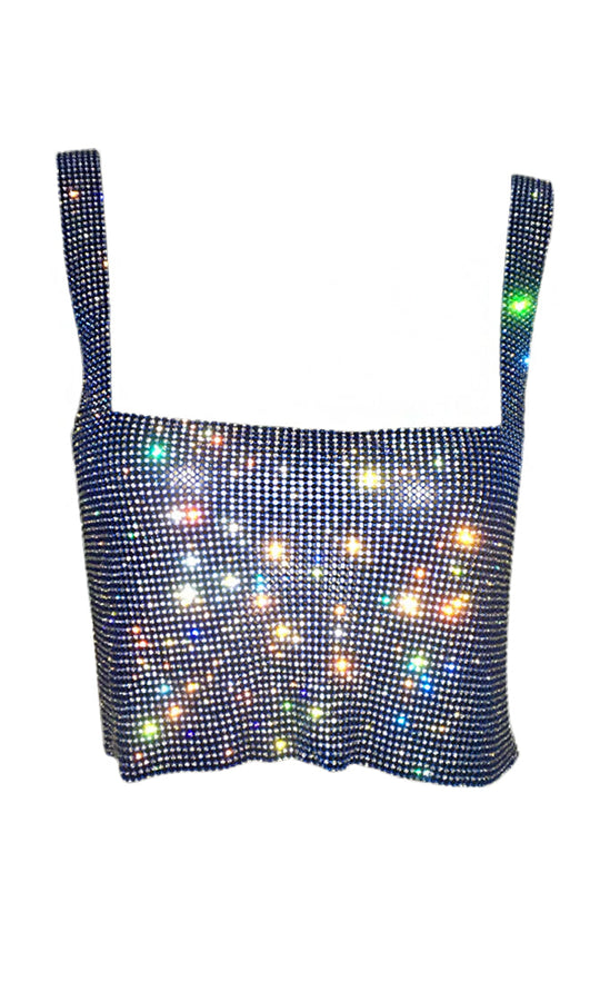 Blame It On Me <br><span>Blue Rhinestone Metal Mesh Sleeveless Square Neck Backless Crop Tank Top</span>