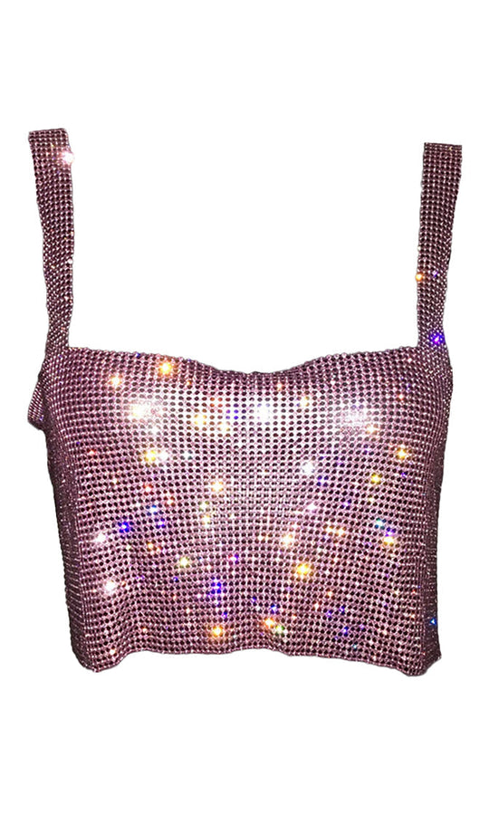Blame It On Me <br><span>Pink Rhinestone Metal Mesh Sleeveless Square Neck Backless Crop Tank Top</span>
