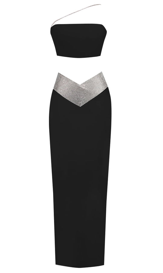 Loving The Drama Black Strapless Tube Top Rhinestone V Waist Maxi Bodycon Bandage Two Piece Maxi Dress