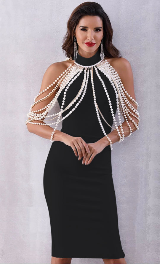 Bright Star Black Sleeveless Mock Halter Neck Pearl Chain Shoulder Backless Bodycon Bandage Midi Dress
